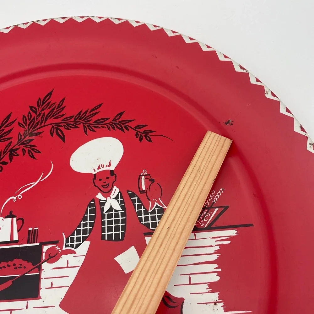 Stoyke BBQ Chef Red Round Metal Chef Pizza Pan Grill Vintage MCM‎ 1950s Tray